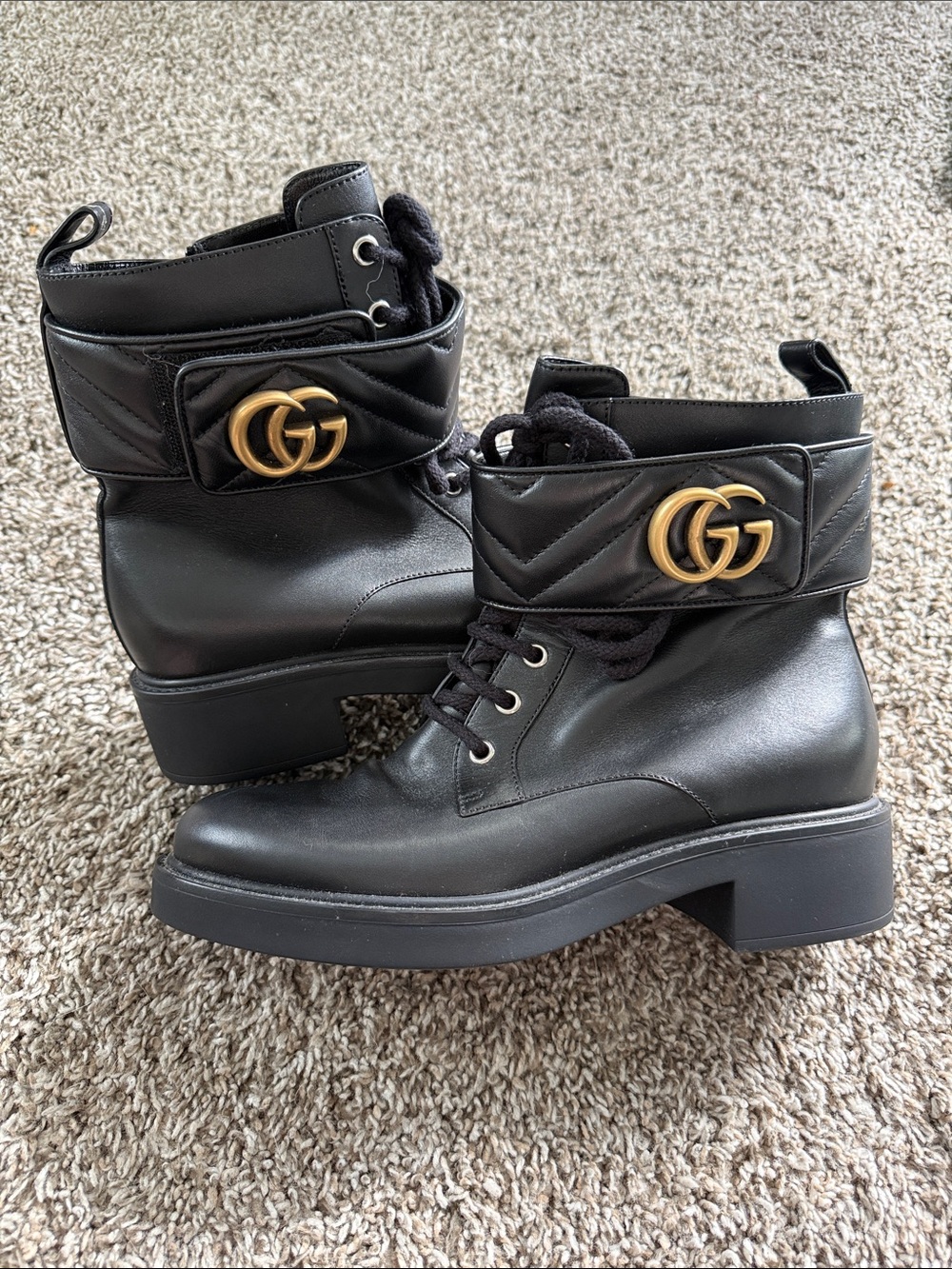 Gucci Black Leather Lace-Up Platform Ankle Boots with Gold Double G